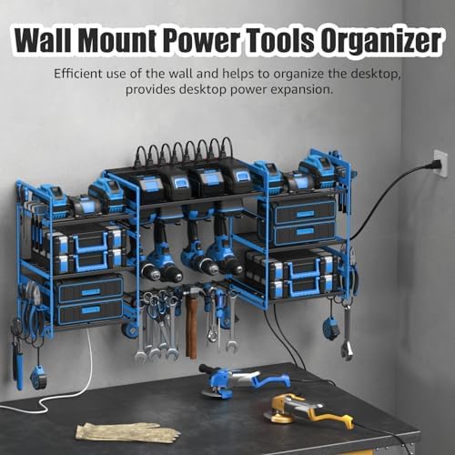 CCCEI Blue Power Tool Organizer Wall Mount, Large Tools and Battery Storage Rack Charging Station Individual Switches. Drills Holder, Garage Utility Shelves with 6FT Power Strip. Gift for Men. - Image 3