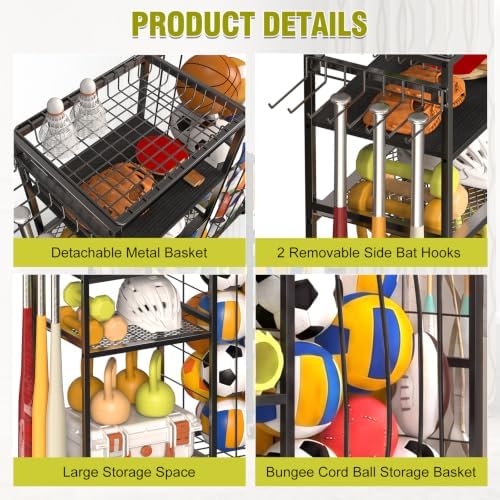 Garage Ball Storage Rack, Sports Equipment Organizer for Gear and Toys - Image 3