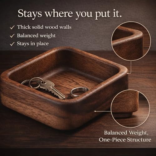 Walnut Wood Ring Tray 3.86 Inch, Mini Valet Tray for Daily Carry, Solid Wood Drop Zone for Keys Watch Jewelry, Bedside Desk Entryway Catchall - Image 4