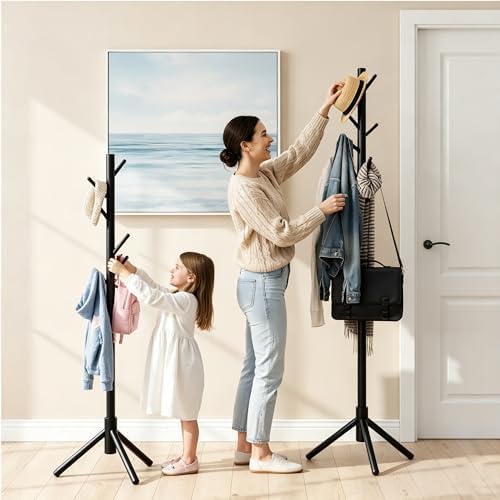 Wooden Coat Rack Freestanding with 8 Hooks & 3 Adjustable Sizes for Clothes, Space-Saving Design for Bedroom Office Entrance Holds Hats Coats Scarves Bags - Image 6
