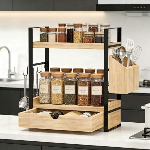 2-Tired Bathroom Counter Organizers and Storage, Bathroom Countertop Organizer with Drawer, Solid Wood Skincare Perfume Organizer for Vanity Kitchen Corner Shelf Office Countertop (Light Brown) - Image 6
