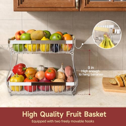 Sevenblue 2-Tier Fruit Basket with Banana Hangers, Detachable Metal Bowl - Image 2