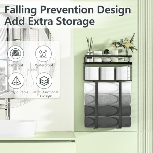 Xstydes Towel Racks for Bathroom, Metal Towel Holder with Storage Basket,Wall Towel Rack for Rolled Towels, Towel Storage for Small Bathroom,Black - Image 5