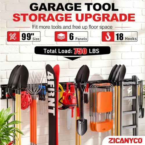 Garage Tool Organizer Wall Mount 99 inches with 18 Adjustable Heavy-Duty Hooks, Garage Organization, Garden Tool Storage Rack, Yard, and Shed, Holds Up to 750 lbs - Image 2