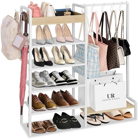 2-in-1 Shoe Rack for Closet with Purse Organizer, 5 Tier Shoes Shelf with Wooden Tray and Removable Shelves, Storage Organizer for Entryway, Garage, Hold Boots, Backpacks, White by SimpleandNeatLife