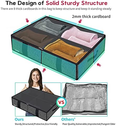 Onlyeasy 2 Pack Under Bed Shoes Storage Bag Organizer (14+4 Pairs), Collapsible Shoe Boot Container with Handles, Underbed Storage Solution for Kids & Adults, 86x60x15cm, Linen-like Black, MXAUBS14S4 - Image 4