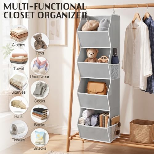 Libeder 4 Shelf Hanging Closet Organizer and Storage, Grey | Anti-Sagging Closet Hanging Shelf with Mesh Side Pockets, Space-saving Fabric Hanging Storage Bins for Cloths with Hooks - Image 7