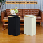 iEGrow Slim Laundry Hamper,75L Beige Narrow Laundry Basket with Lid,Foldable Clothes Hamper with Bamboo Handles,Hamper Basket with Removable Inner Bag for Laundry Room Bedroom College Dorm - Image 5