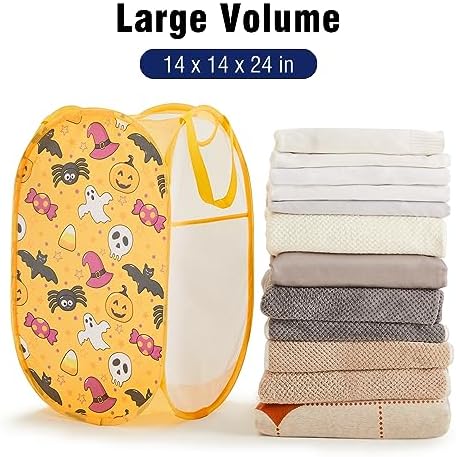 TECHMILLY Collapsible Mesh Pop Up Laundry Hamper with Sturdy Handles and Side Pocket - Portable Foldable Clothes Baskets for Dorm, Bathroom & Travel Storage (Halloween) - Image 5