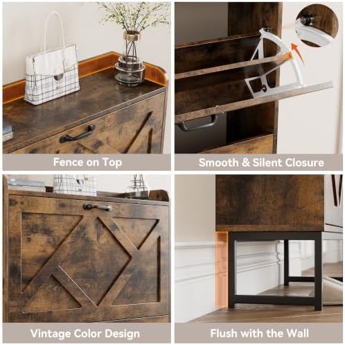 Nicetree Shoe Storage Cabinet with 2 Flip Drawers, Freestanding Wood Shoe Organizer with Metal Legs, Farmhouse Slim Shoe Rack for Entryway, Foyer, Hallway, Rustic Brown - Image 6