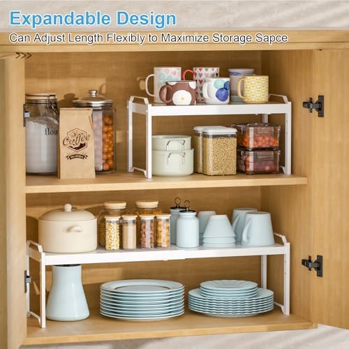 4 Pack Kitchen Cabinet Shelves Organizers, Kitchen Counter Storage Shelf Spice Rack, Expandable Length, Adjustable Height, Stackable, Sturdy 30LBS Bearing, Small Cupboard Tabletop Organizer Shelf Rack - Image 3