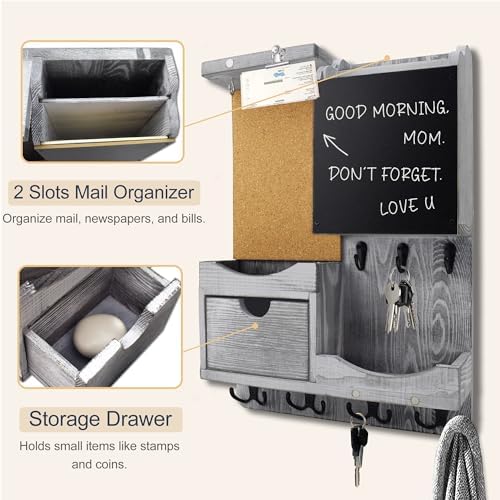 Key Holder Wall Mount with Drawer and Mail Organizer, Grey - Image 6
