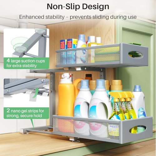 1 Pack Under Sink Organizer, 2 Tier Pull out Cabinet Organizer Mesh Baskets with 5 Adjustable Heights, Sliding Drawers Storage Shelf for Home, Kitchen, Bathroom, Pantry, Office, Countertop ,Grey - Image 6