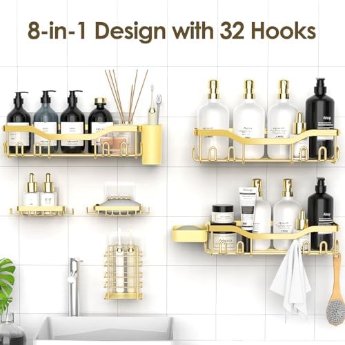 NESOMI Shower Caddy Adhesive Shower Organizer 8-Pack, Rustproof Stainless Steel Bathroom Shelves, Large Capacity No-Drill Rack Storage Accessories with Soap Dish Toothbrush Holder Hooks - Image 4