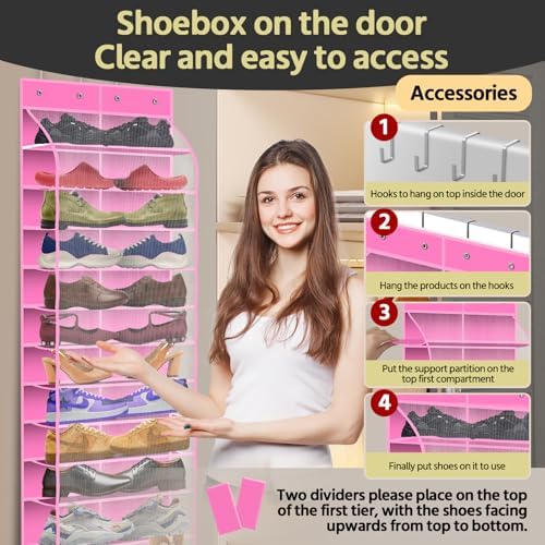 PAULONE 12 Pocket Over the Door Shoe Organizer,Reusable Breathable Large Mesh Bag Men's & Women's Sneaker Organizer,Shoe Organizer for Kids,Hanging Shoe Storage Hanging Bag (Pink) - Image 4