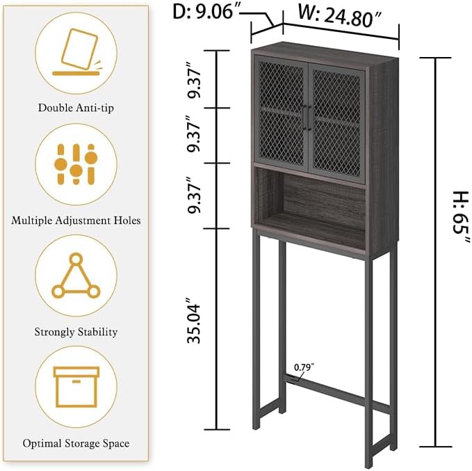 Launica 65 Inch Over The Toilet Storage Cabinet Wood and Metal Dark Gray - Image 2