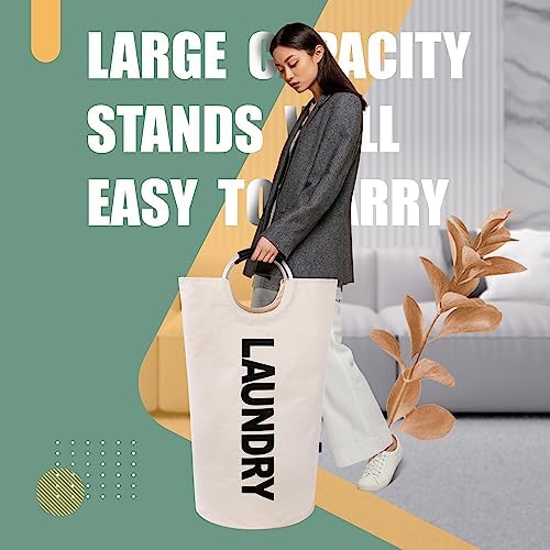Caroeas 100L Laundry Basket,Large Laundry Hamper, Laundry Bag with Padded Handles, Clothes Hamper Stands Up Well, Collapsible Free Standing Easy Storage Washing Bin (Beige,100L) - Image 2