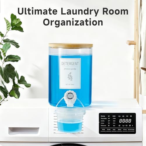 1 Glass Laundry Detergent Dispenser with Bamboo Lid - 120 Oz Liquid Detergent, Laundry Soap & Fabric Softener Dispenser for Laundry Room Organization and Storage with 1 Cups & 4 Labels - Image 3