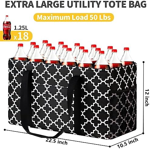 GhvyenntteS Extra Large Utility Tote Bag 2 Pack - Stand Up Utility Tote with Metal Wire Frame & Hard Bottom Board, Reusable Grocery Bags With Handles for Storage, Picnics, Beach, Laundry, Car, Camping - Image 4
