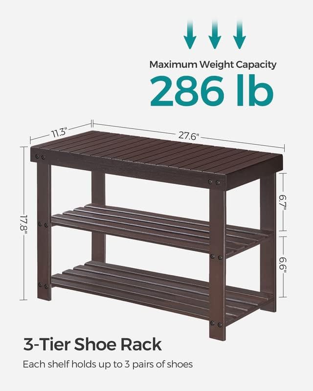 SONGMICS Shoe Rack Bench, 3-Tier Bamboo Shoe Storage Organizer, Entryway Bench, Holds Up to 286 lb, 11.3 x 27.6 x 17.8 Inches, for Entryway Bathroom Bedroom, Brown ULBS04Z | Shoe Storage Organizer, Holds Up to 286.6 lb, Brown, BAMBOU Collection ULBS04Z - Image 6