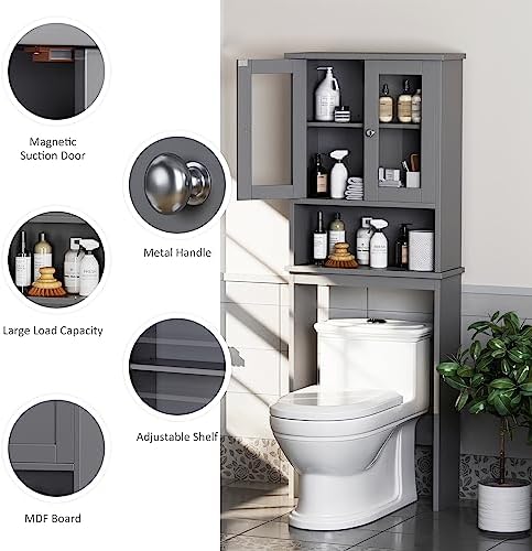 Over the Toilet Storage Cabinet, Bathroom Storage Cabinet Over Toilet, Space Saver with 2 Tempered Glass Doors, Grey - Image 5