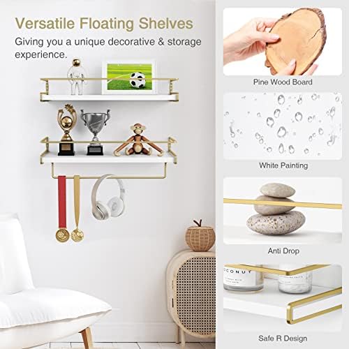 Forbena Floating Bathroom Shelves Wall Mounted, Aesthetic White and Gold Shelves for Bathroom Accessories, Modern Bathroom Organizer with Tower Bar for Wall Decor Storage Small Spaces, Set of 2 - Image 7