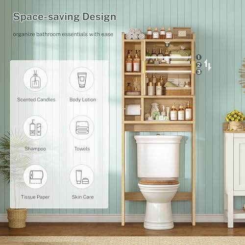TEENFON Over The Toilet Storage Cabinet with 4 Open Shelves and Adjustable Shelf, Extra Tall Bathroom Organizer Unit with 2 Wood Doors, Home Space Saver for Bathroom, Laundry Room, Natural - Image 5
