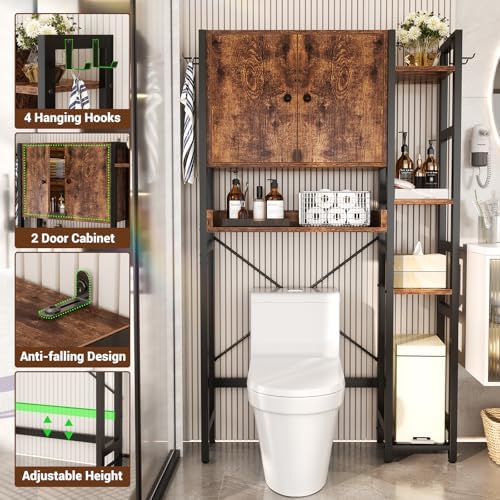 Over The Toilet Storage Cabinet with Doors - 7 Tier Bathroom Organizer with Adjustable Shelf, Freestanding Space Saver Rack Above Toilet Stand with 4 Hooks for Bathroom, Restroom, Laundry, Rustic - Image 4