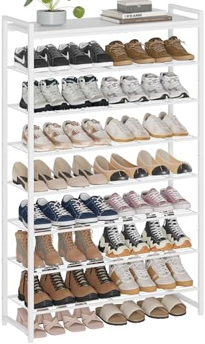 8 Tier Shoe Rack Organizer for 32-40 Pairs, Tall Metal Shoe Storage Shelf with Wood Top, Adjustable Boot Space, Narrow Design for Entryway Closet,White by Unknown