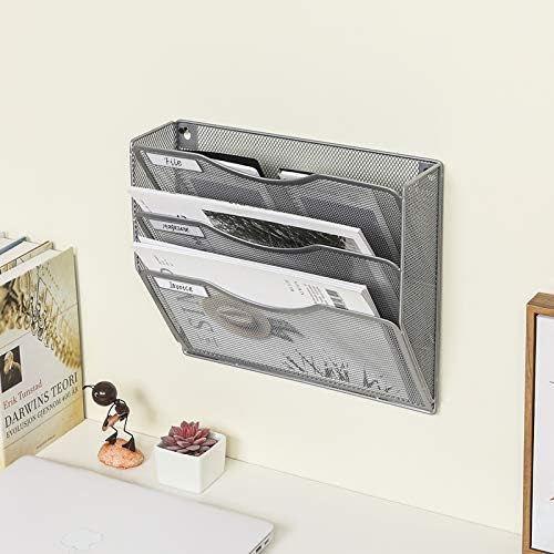 EasyPAG 3 Pocket Mesh Wall File Organizer, Hanging Paper Folder Holder with Classify Label, Vertical Wall Mount Mail Organizer for Office Home Classroom, Silver - Image 6