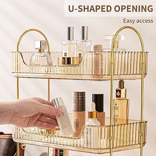 Akinbas 2 Tier Bathroom Organizer Countertop Makeup Perfume Tray Skincare Organizer for Bathroom Dresser Vanity (Gold) - Image 4