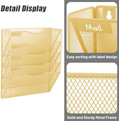 EASEPRES 5 Pocket Mesh Hanging Wall File Organizer, Wall Mounted Mail Paper Document Folder Holder, Clipboard Storage Organization Magazine Rack with Nametag Label for Office Home School, Gold - Image 3