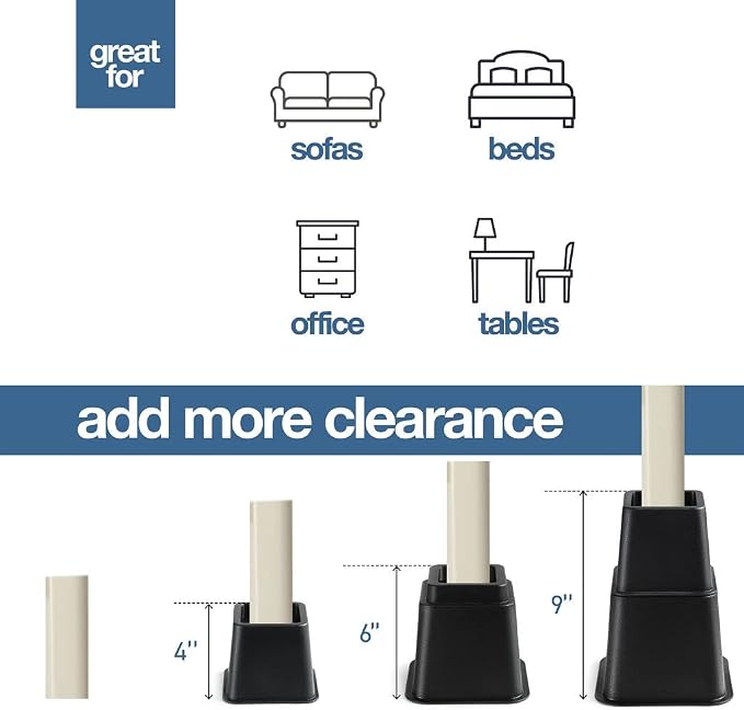 Home It Adjustable Bed Risers - Elevation in 3, 5 or 8 Inch - Heavy Duty Stackable Furniture Risers Supports 1,300 lbs - for Under-Bed Storage, College Dorms, Table and Couch, 4 Pack Bed Lifts Black - Image 5