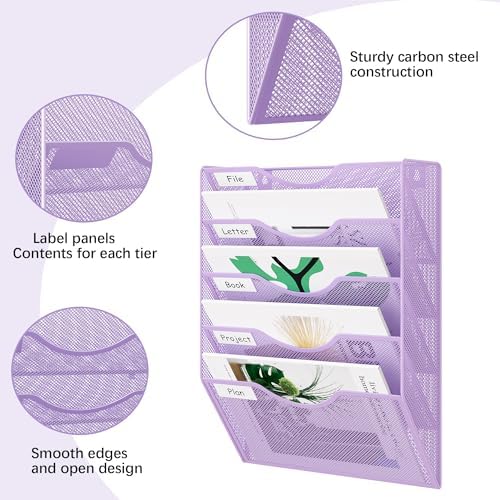 EasyPAG Wall File Organizer 5 Tier Hanging Paper Folder Holder, Zero Assembly Metal Mesh Wall Mounted Mail Organizer for Office Home Classroom Narrow Spaces, Puple - Image 3