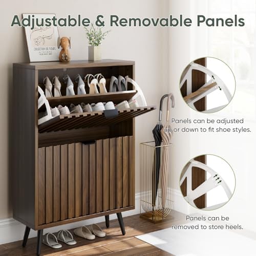 Smuxee Shoe Cabinet with 2 Flip Drawers, 23.6" Walnut Hidden Shoe Storage Cabinet with Fluted Design, Freestanding Shoe Organizer Cabinet for Entryway, Hallway, Closet, Living Room - Image 4