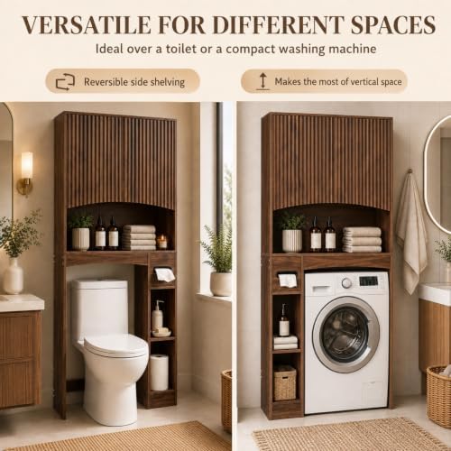 VINGLI Over-the-Toilet Storage Cabinet, 31.5" W Dark Walnut Bathroom Space Saver with Fluted Curved Doors, Adjustable Shelf, Reversible Side Shelves, Toilet Paper Holder and Anti-Tip Kit - Image 6