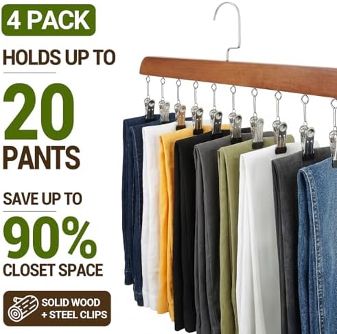 4-Pack Pants Hangers with Clips – 10 Clips Each, Space Saving Closet Organizer Hanger for Leggings, Jeans, Hats, Shorts, Belts, Scarves – Closet Organizer (4, Brown) - Image 3
