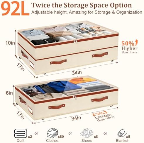 Dolicer 4 Pack Under Bed Storage with Wheels, 6in-10in Height Adjustable Underbed Storage Containers, 92L XXXL Under Bed Drawers Rolling Bin with Clear Lids for Dorm Shoes Clothes Organizers(Beige) - Image 3