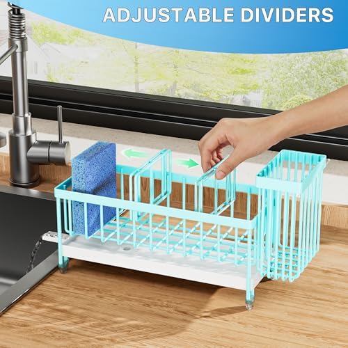 Cisily Sponge Holder for Kitchen Sink, Sink Caddy Organizer with High Brush Holder, Kitchen Countertop Organizers and Storage Essentials, Rustproof 304 Stainless Steel (Turquoise, 9.25″) - Image 5