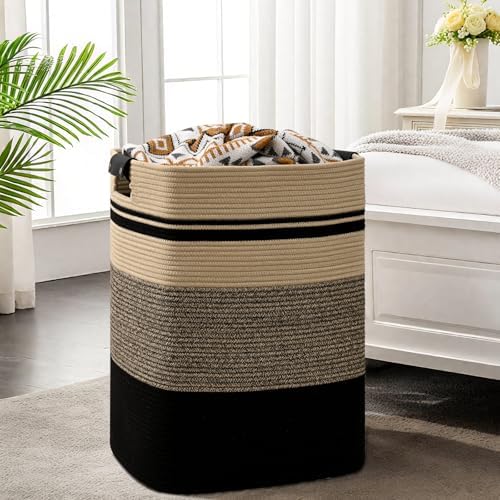 Laundry Hamper, 105L Tall Laundry Basket with Leather Handles, Rectangle Large Clothes Hamper for Organizing, Cotton Woven Laundry Baskets Storage Hampers for Bedroom, Nursery, Living Room - Image 3