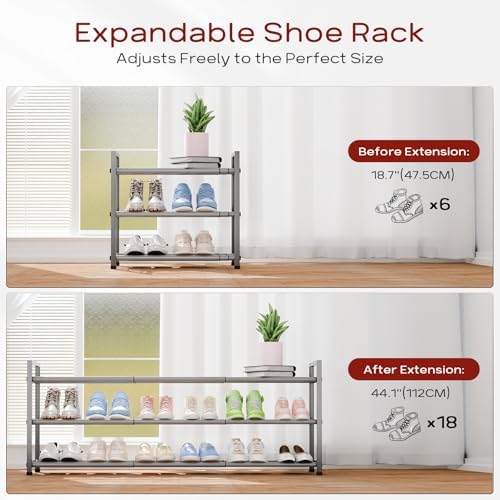 Bumusty 3 Tier Long Expandable Shoe Rack for Closet, Light Grey - Image 4