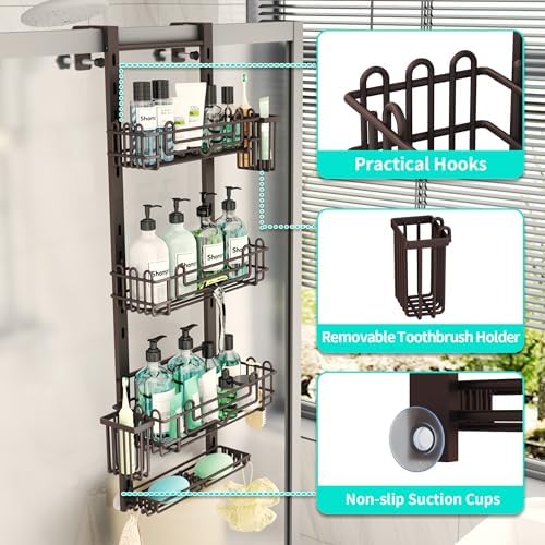HapiRm 4 Tier Over the Door Shower Caddy, Hanging Shower Caddy with 22 Hooks and 2 Toothbrush Holders, No Drilling Adjustable Hanging Bathroom Organizer - Bronze - Image 3