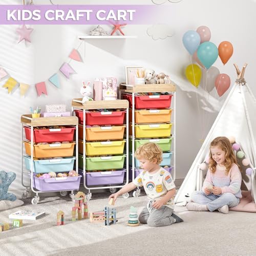 SYKIARIOL Utility Cart with 5 Labeling Drawers and Wooden Tabletop - Image 2