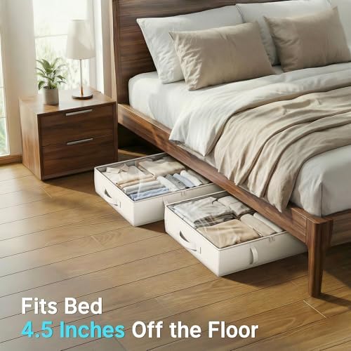 2-Pack Under Bed Storage Containers, 6 Inches Tall Clothes Storage, Beige | High Side Collapsible Underbed Organizer Bin with Sturdy Sidewalls/Bottom, Cotton Linen Bins, For Seasonal Clothes & Bedding - Image 2