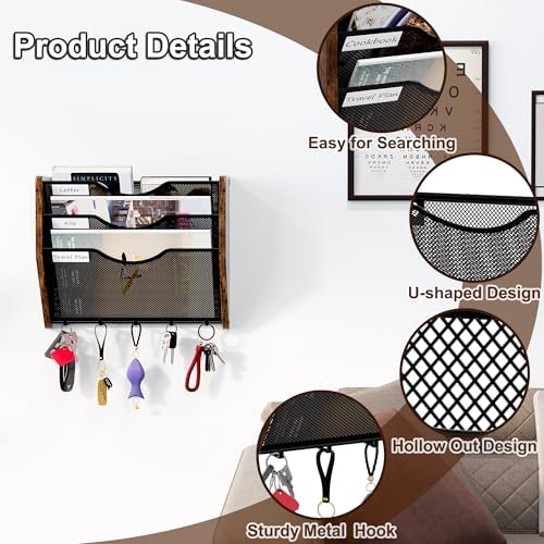 Wall File Organizer With Hooks,3 Tier Mesh Mail Organizer Wall Mounted,Hanging File Organizer,Magazine Holder for Documents,Magazine,Literature,File,Mails,Envelopes - Image 6
