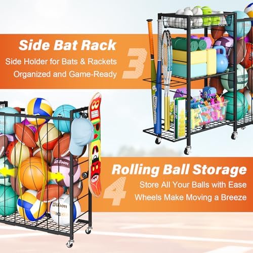 Ball Storage with Elastic Rope for Sports and Outdoors, Garage Organization with Wheels for Sports Gear and Toys, Large-Capacity Sports Equipment Organizer with Baseball Bat Holder and Basketball Rack - Image 3