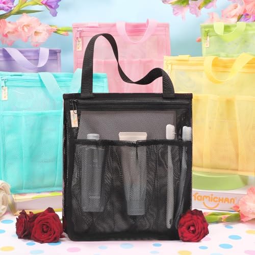 famichan Portable Mesh Shower Caddy, Gym Travel Camp Dorm Room Essentials for College Student Boy Girl, Bathroom Shower Bag - Black - Image 4