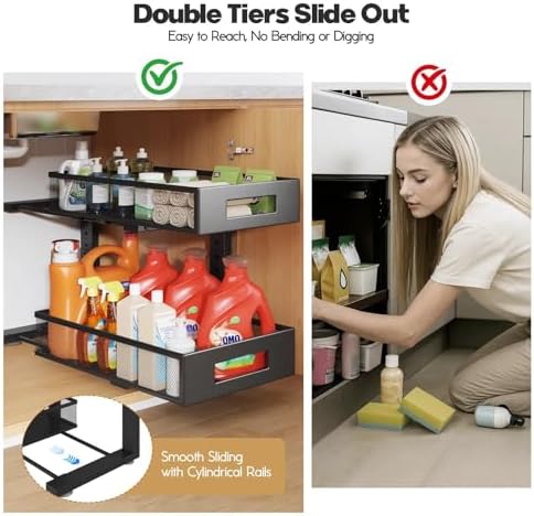 2 Packs 17IN Depth Under Sink Organizer, 2-Tier Pull Out Cabinet Organizer With Smooth Circular Rail, Large Capacity Metal Mesh Sliding Drawers For Bathroom& Kitchen Storage,Height Adjustable –Black - Image 7