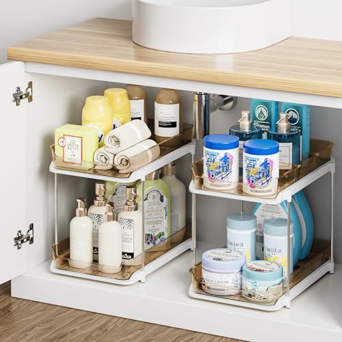 Delamu 2-Tier Multi-Purpose Bathroom Under Sink Organizers and Storage, Stackable Kitchen Pantry Organization, Pull Out Medicine Cabinet Organizer with Movable Dividers, Amber, 4 Pack - Image 4