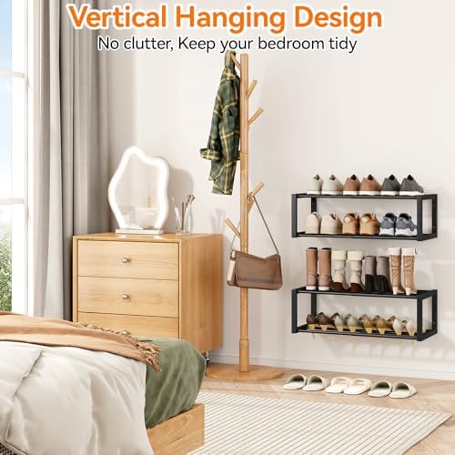 IBUYKE 2 Pack Wall Mounted Shoe Rack, 2-Tier 16"-29" Expandable Hanging Shoe Organizer for 12-16 Pairs, Space Saving Metal Wall Shoe Storage for Entryway Closet, Black TXJ001B-2 - Image 4